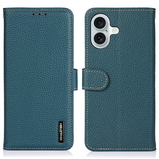 KHAZNEH For iPhone 17 Case Litchi Texture Genuine Cow Leather Flip Phone Cover - Green