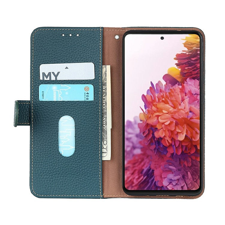 KHAZNEH For iPhone 17 Case Litchi Texture Genuine Cow Leather Flip Phone Cover - Green