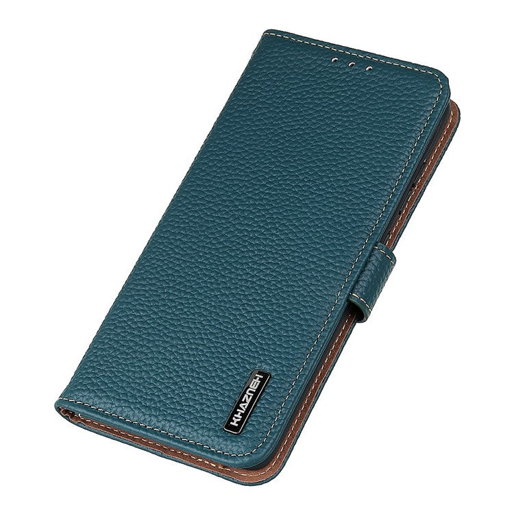 KHAZNEH For iPhone 17 Case Litchi Texture Genuine Cow Leather Flip Phone Cover - Green