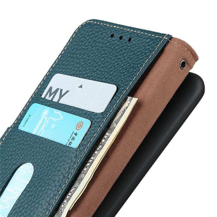 KHAZNEH For iPhone 17 Case Litchi Texture Genuine Cow Leather Flip Phone Cover - Green