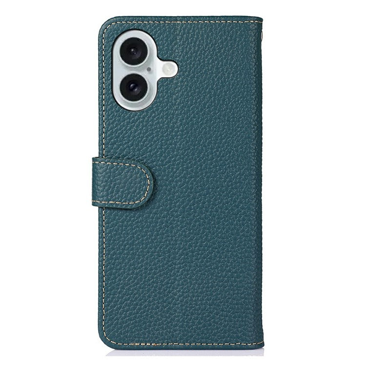 KHAZNEH For iPhone 17 Case Litchi Texture Genuine Cow Leather Flip Phone Cover - Green