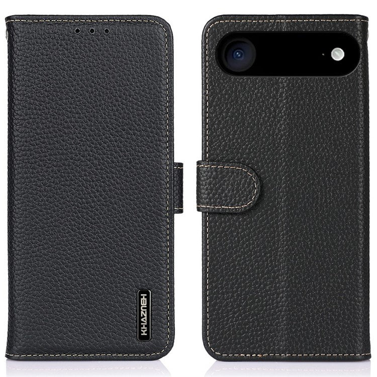 KHAZNEH For iPhone 17 Air Case Litchi Texture Genuine Cow Leather Flip Phone Cover - Black