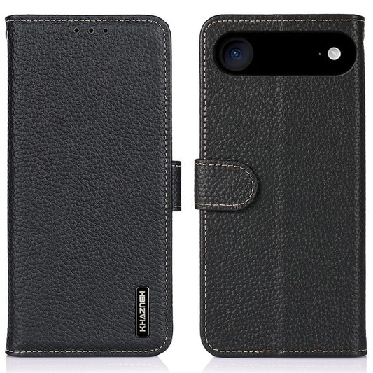 KHAZNEH For iPhone 17 Air Case Litchi Texture Genuine Cow Leather Flip Phone Cover - Black