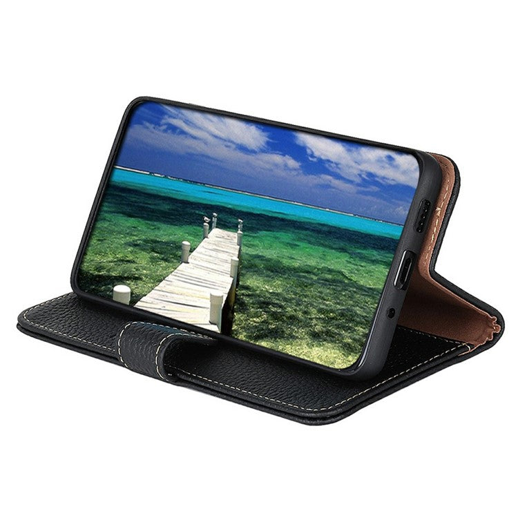 KHAZNEH For iPhone 17 Air Case Litchi Texture Genuine Cow Leather Flip Phone Cover - Black