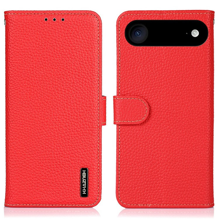 KHAZNEH For iPhone 17 Air Case Litchi Texture Genuine Cow Leather Flip Phone Cover - Red