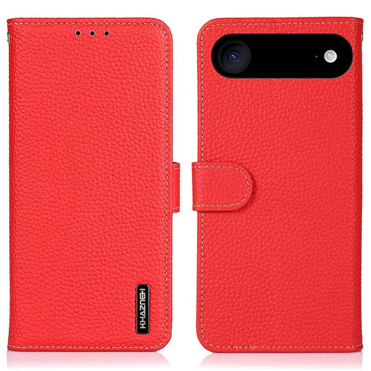KHAZNEH For iPhone 17 Air Case Litchi Texture Genuine Cow Leather Flip Phone Cover - Red
