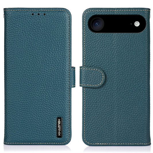 KHAZNEH For iPhone 17 Air Case Litchi Texture Genuine Cow Leather Flip Phone Cover - Green