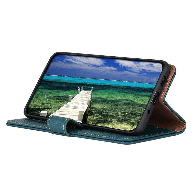 KHAZNEH For iPhone 17 Air Case Litchi Texture Genuine Cow Leather Flip Phone Cover - Green