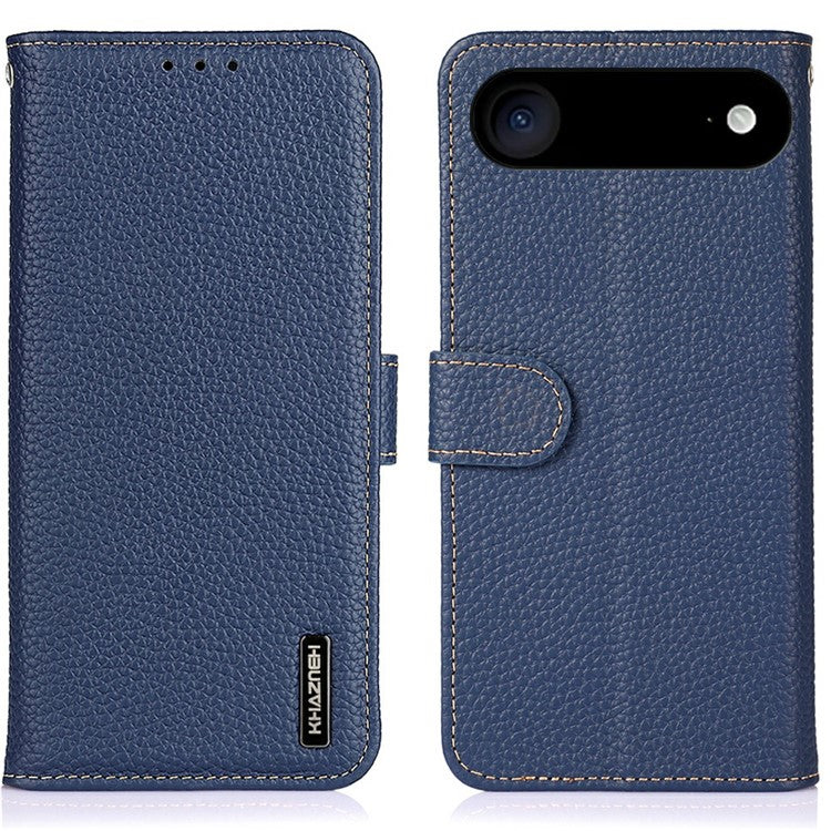 KHAZNEH For iPhone 17 Air Case Litchi Texture Genuine Cow Leather Flip Phone Cover - Blue