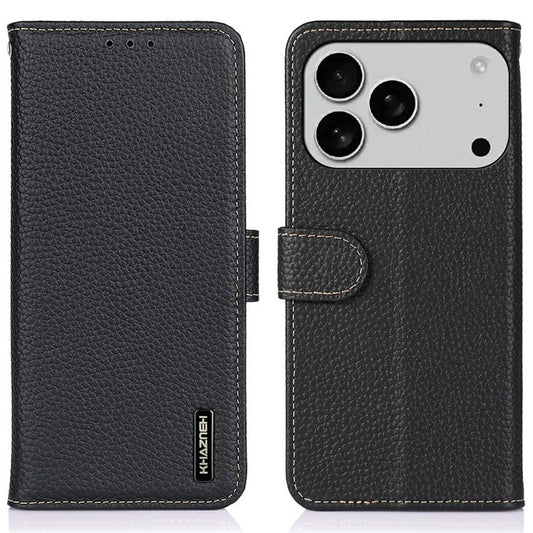KHAZNEH For iPhone 17 Pro Case Litchi Texture Genuine Cow Leather Flip Phone Cover - Black