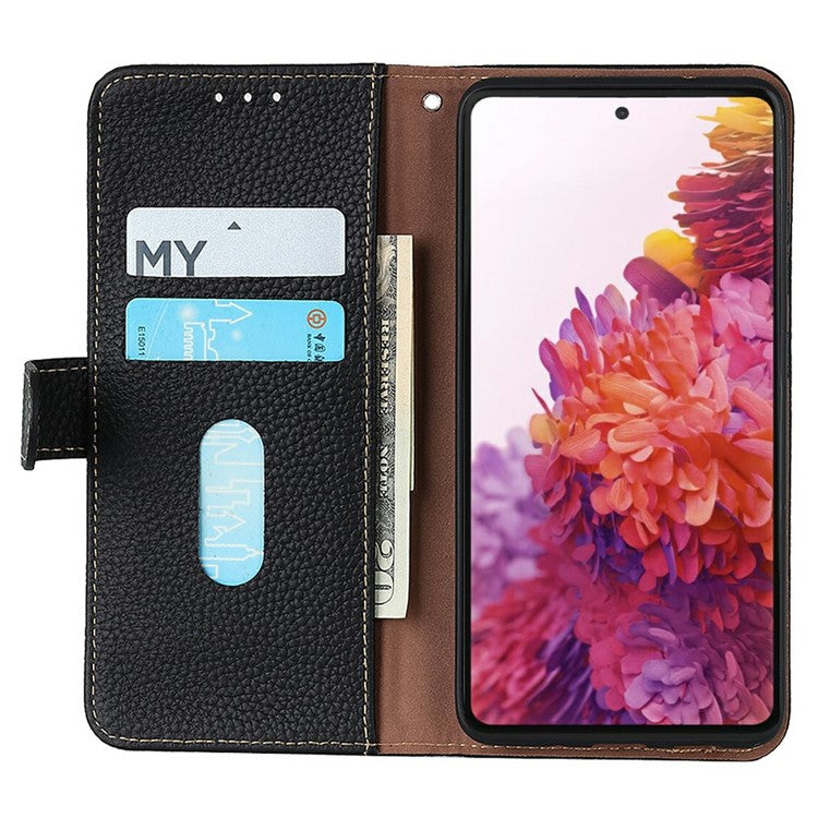 KHAZNEH For iPhone 17 Pro Case Litchi Texture Genuine Cow Leather Flip Phone Cover - Black