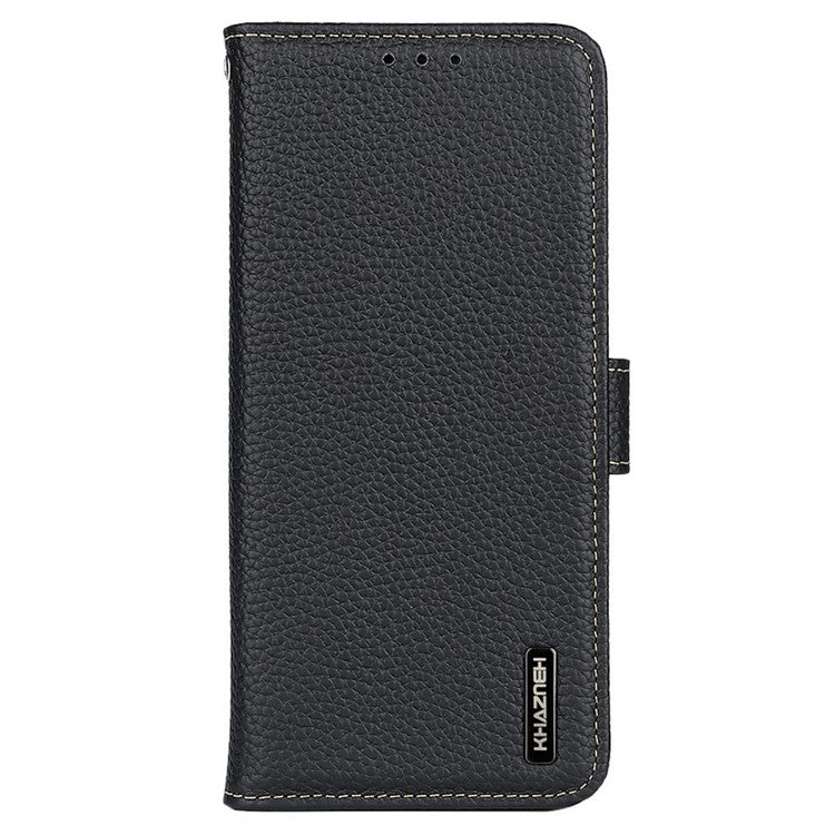 KHAZNEH For iPhone 17 Pro Case Litchi Texture Genuine Cow Leather Flip Phone Cover - Black