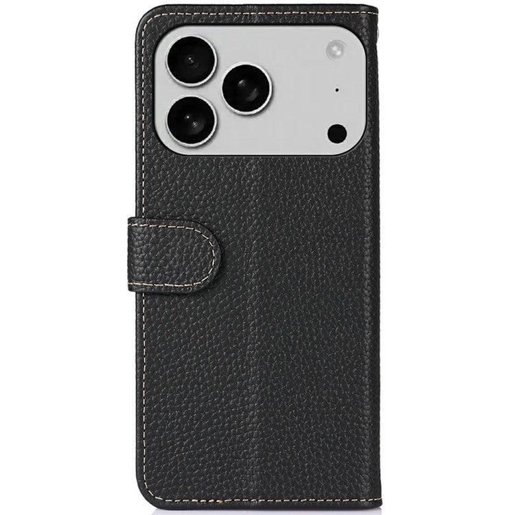 KHAZNEH For iPhone 17 Pro Case Litchi Texture Genuine Cow Leather Flip Phone Cover - Black
