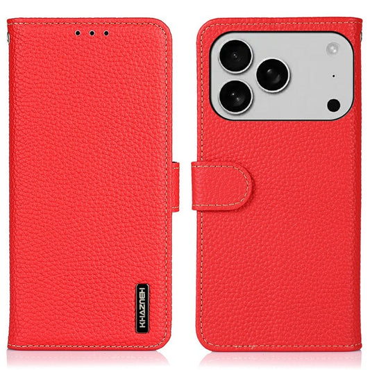 KHAZNEH For iPhone 17 Pro Case Litchi Texture Genuine Cow Leather Flip Phone Cover - Red