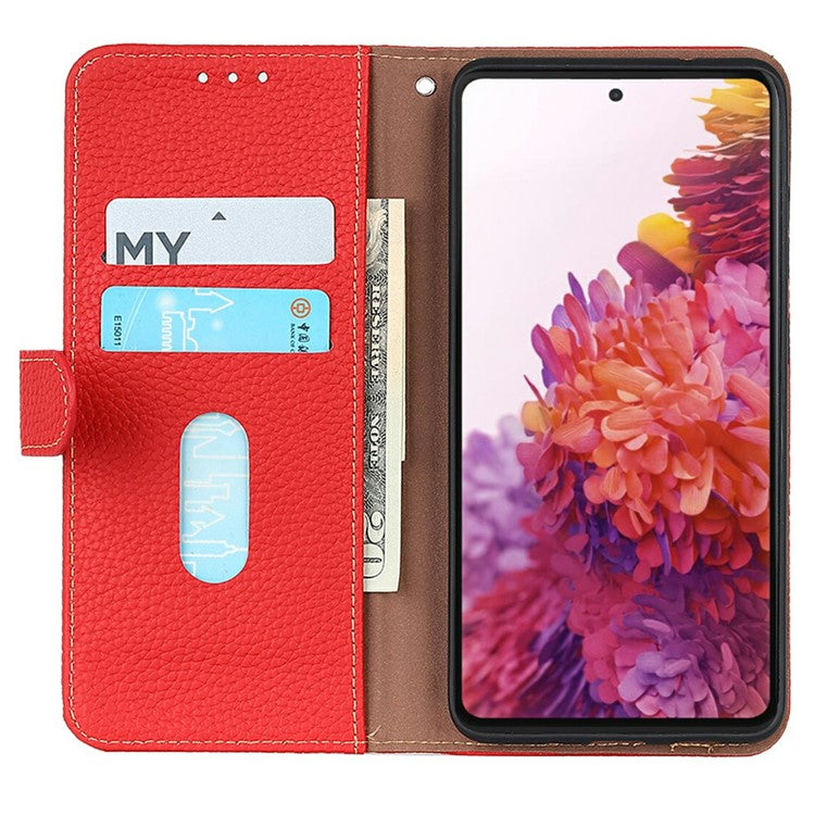 KHAZNEH For iPhone 17 Pro Case Litchi Texture Genuine Cow Leather Flip Phone Cover - Red