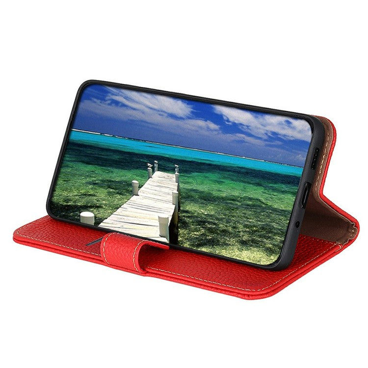 KHAZNEH For iPhone 17 Pro Case Litchi Texture Genuine Cow Leather Flip Phone Cover - Red