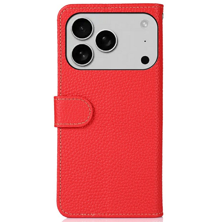 KHAZNEH For iPhone 17 Pro Case Litchi Texture Genuine Cow Leather Flip Phone Cover - Red