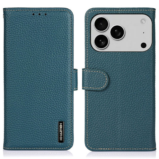 KHAZNEH For iPhone 17 Pro Case Litchi Texture Genuine Cow Leather Flip Phone Cover - Green