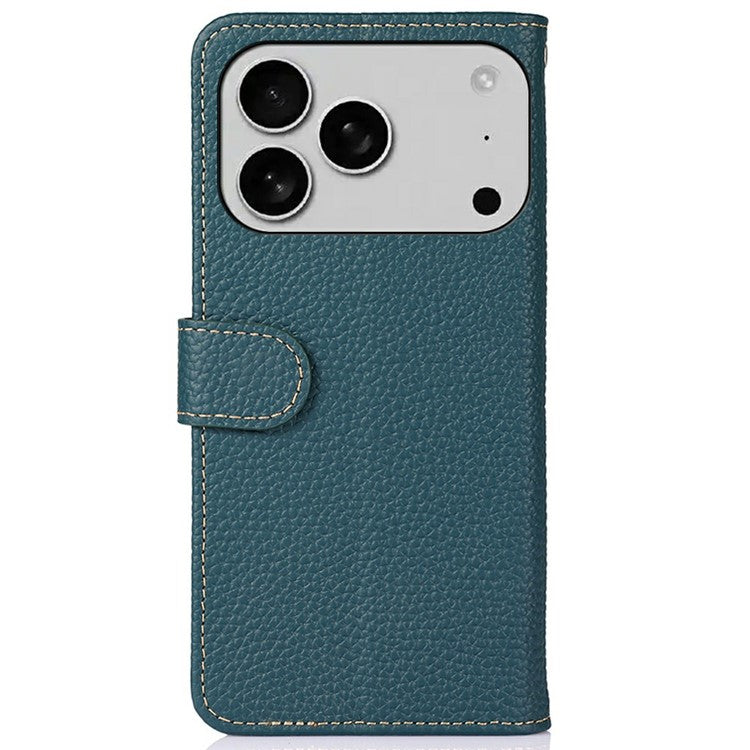 KHAZNEH For iPhone 17 Pro Case Litchi Texture Genuine Cow Leather Flip Phone Cover - Green