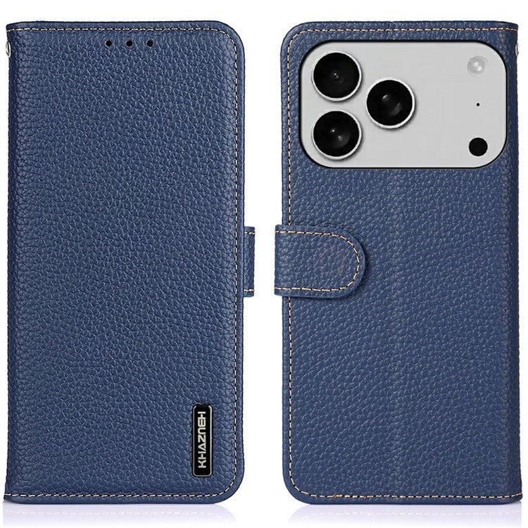 KHAZNEH For iPhone 17 Pro Case Litchi Texture Genuine Cow Leather Flip Phone Cover - Blue