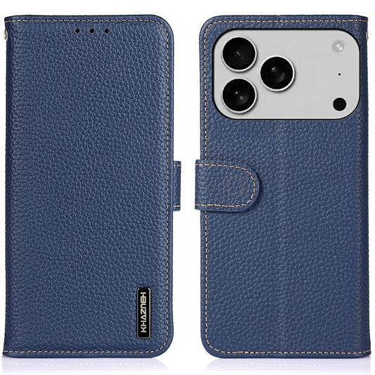 KHAZNEH For iPhone 17 Pro Case Litchi Texture Genuine Cow Leather Flip Phone Cover - Blue