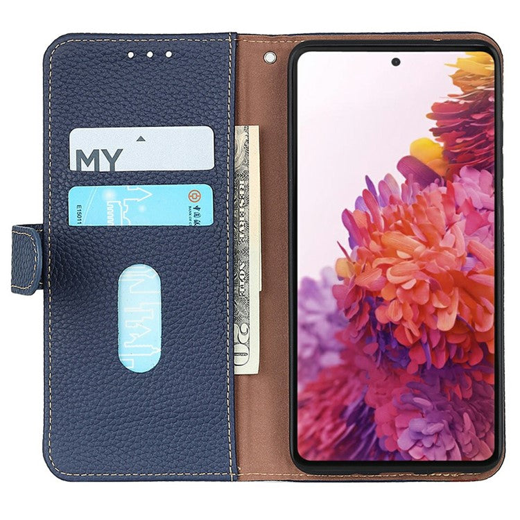 KHAZNEH For iPhone 17 Pro Case Litchi Texture Genuine Cow Leather Flip Phone Cover - Blue