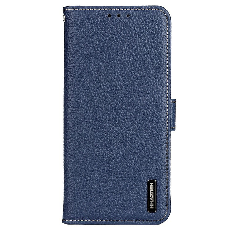 KHAZNEH For iPhone 17 Pro Case Litchi Texture Genuine Cow Leather Flip Phone Cover - Blue