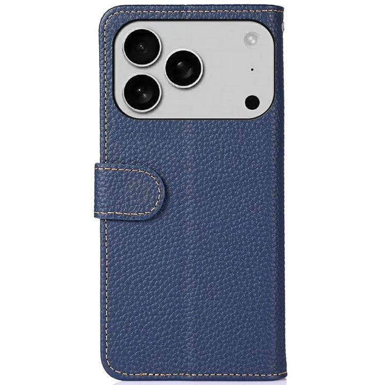 KHAZNEH For iPhone 17 Pro Case Litchi Texture Genuine Cow Leather Flip Phone Cover - Blue