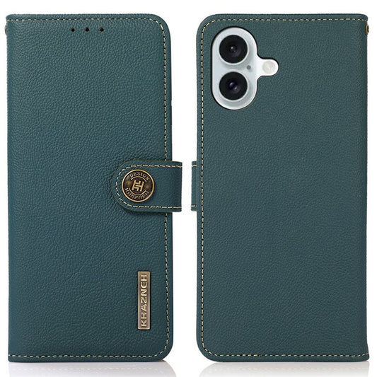 KHAZNEH for iPhone 17 Case Genuine Cow Leather RFID Blocking Wallet Phone Cover - Green