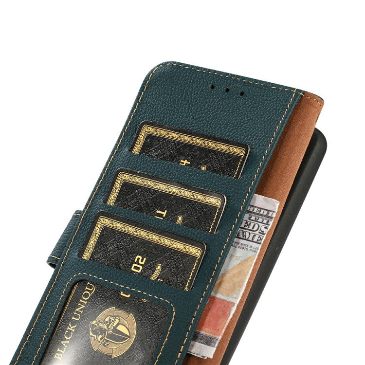 KHAZNEH for iPhone 17 Case Genuine Cow Leather RFID Blocking Wallet Phone Cover - Green