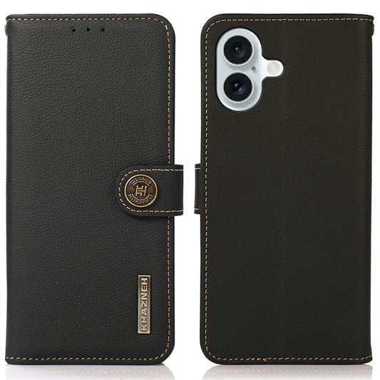 KHAZNEH for iPhone 17 Case Genuine Cow Leather RFID Blocking Wallet Phone Cover - Black