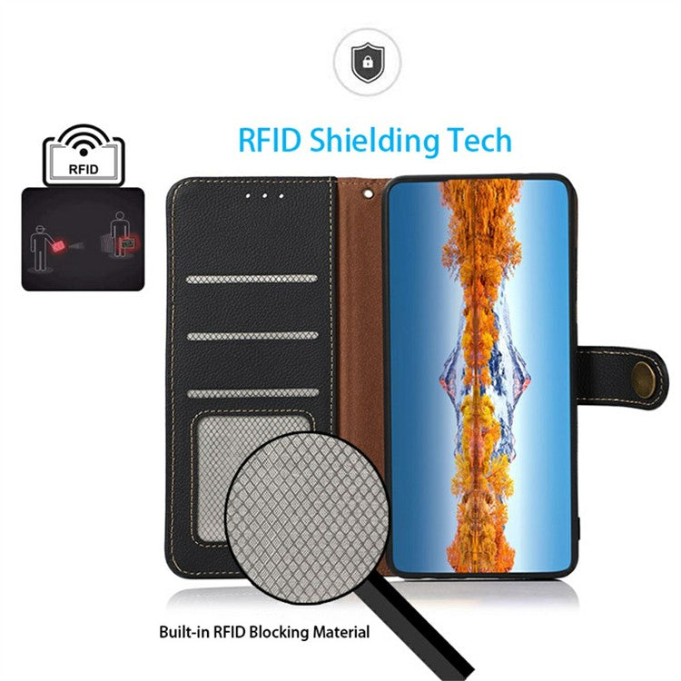 KHAZNEH for iPhone 17 Case Genuine Cow Leather RFID Blocking Wallet Phone Cover - Black