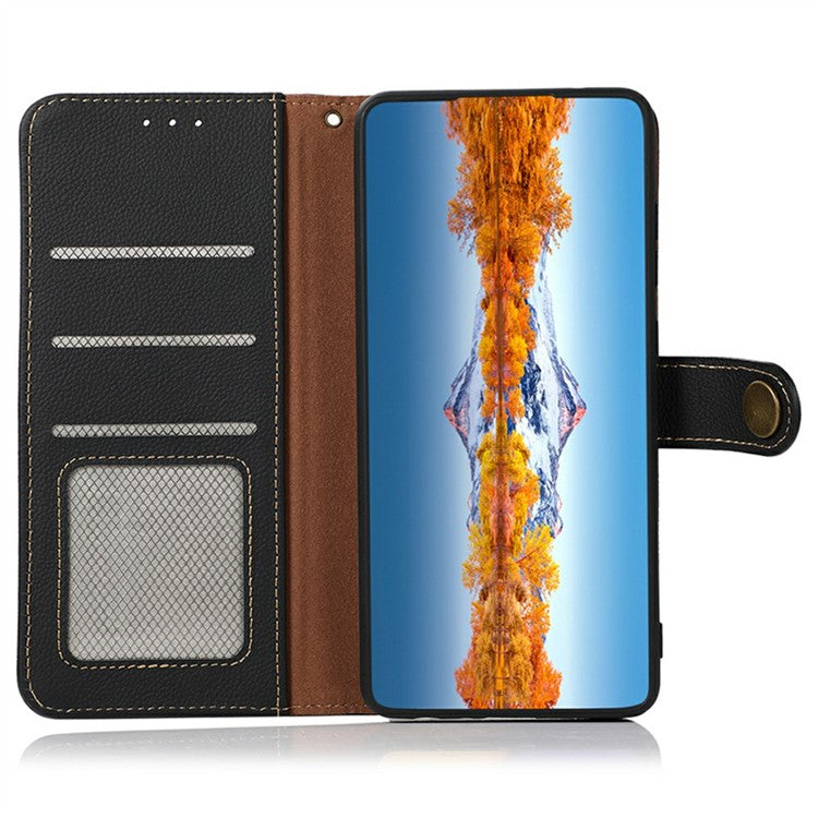 KHAZNEH for iPhone 17 Case Genuine Cow Leather RFID Blocking Wallet Phone Cover - Black