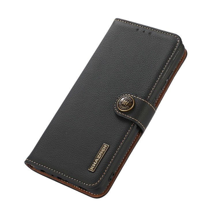 KHAZNEH for iPhone 17 Case Genuine Cow Leather RFID Blocking Wallet Phone Cover - Black
