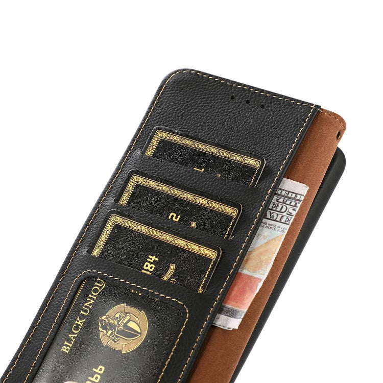 KHAZNEH for iPhone 17 Case Genuine Cow Leather RFID Blocking Wallet Phone Cover - Black