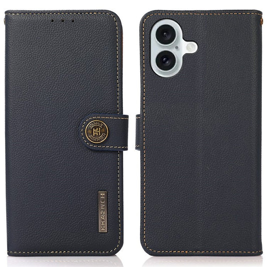 KHAZNEH for iPhone 17 Case Genuine Cow Leather RFID Blocking Wallet Phone Cover - Blue