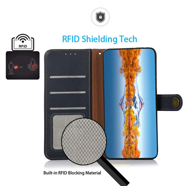 KHAZNEH for iPhone 17 Case Genuine Cow Leather RFID Blocking Wallet Phone Cover - Blue