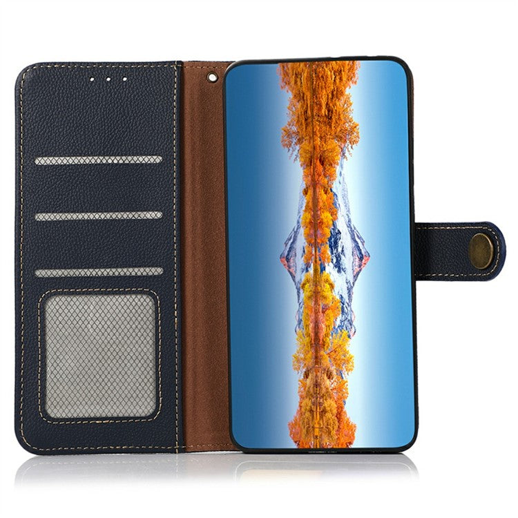KHAZNEH for iPhone 17 Case Genuine Cow Leather RFID Blocking Wallet Phone Cover - Blue