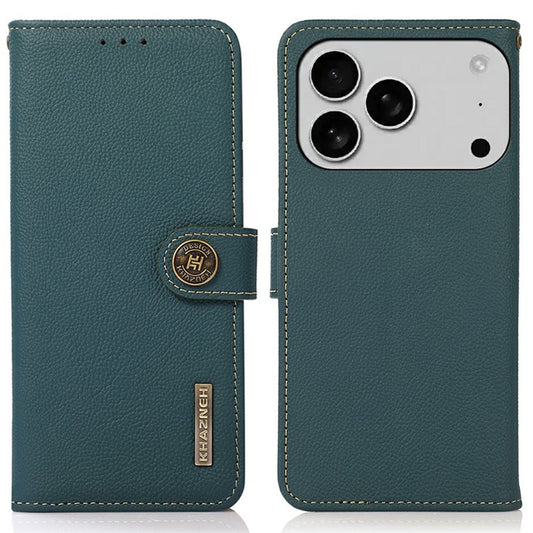 KHAZNEH for iPhone 17 Pro Case Genuine Cow Leather RFID Blocking Wallet Phone Cover - Green