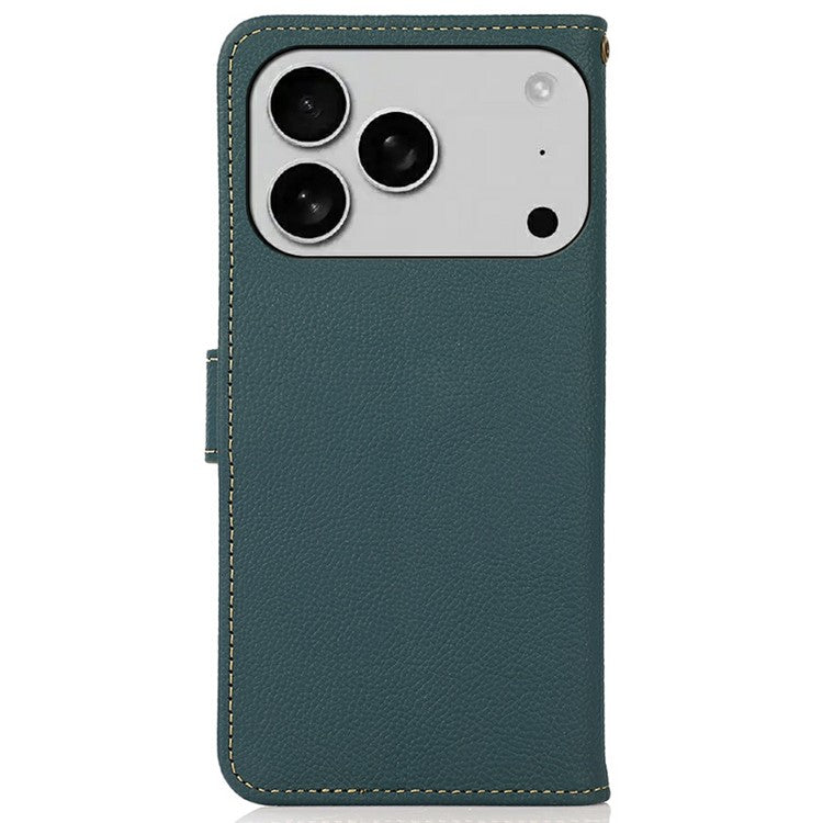 KHAZNEH for iPhone 17 Pro Case Genuine Cow Leather RFID Blocking Wallet Phone Cover - Green