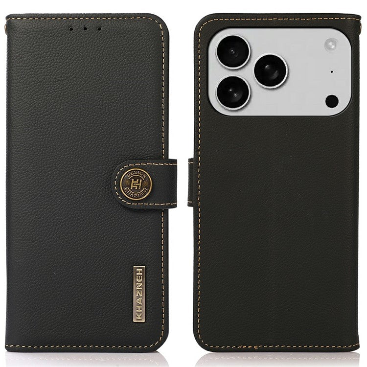KHAZNEH for iPhone 17 Pro Case Genuine Cow Leather RFID Blocking Wallet Phone Cover - Black