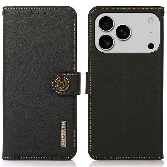 KHAZNEH for iPhone 17 Pro Case Genuine Cow Leather RFID Blocking Wallet Phone Cover - Black