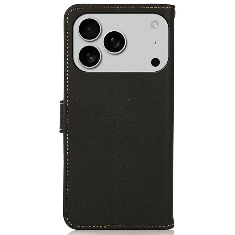 KHAZNEH for iPhone 17 Pro Case Genuine Cow Leather RFID Blocking Wallet Phone Cover - Black