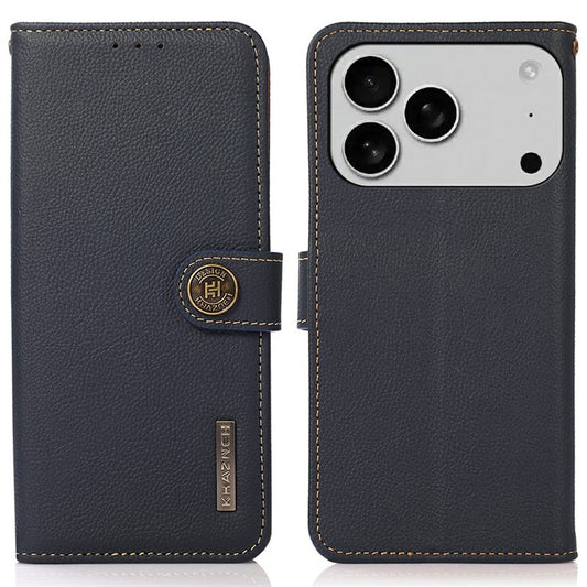KHAZNEH for iPhone 17 Pro Case Genuine Cow Leather RFID Blocking Wallet Phone Cover - Blue