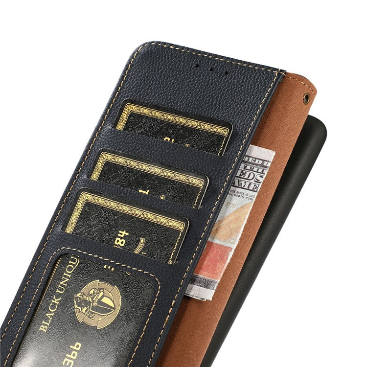 KHAZNEH for iPhone 17 Pro Case Genuine Cow Leather RFID Blocking Wallet Phone Cover - Blue
