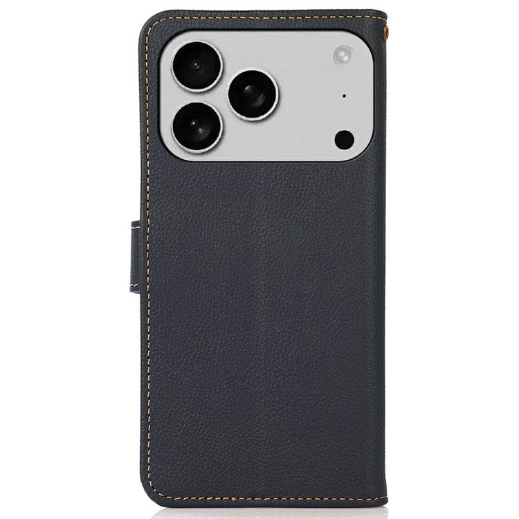KHAZNEH for iPhone 17 Pro Case Genuine Cow Leather RFID Blocking Wallet Phone Cover - Blue