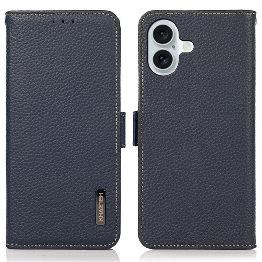 KHAZNEH for iPhone 17 Phone Case RFID Blocking Wallet Litchi Texture Genuine Cow Leather Cover - Blue