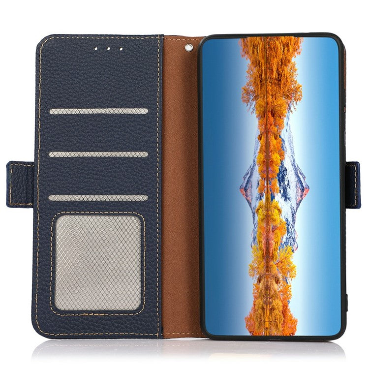 KHAZNEH for iPhone 17 Phone Case RFID Blocking Wallet Litchi Texture Genuine Cow Leather Cover - Blue