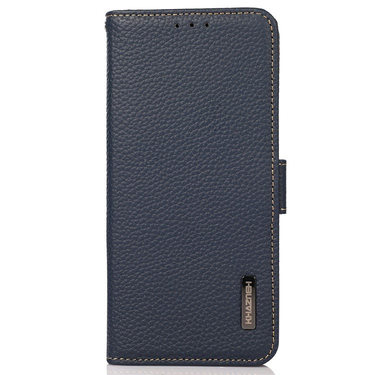 KHAZNEH for iPhone 17 Phone Case RFID Blocking Wallet Litchi Texture Genuine Cow Leather Cover - Blue