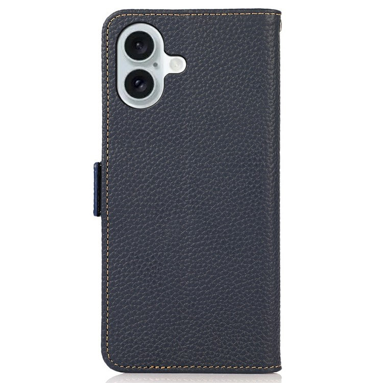 KHAZNEH for iPhone 17 Phone Case RFID Blocking Wallet Litchi Texture Genuine Cow Leather Cover - Blue